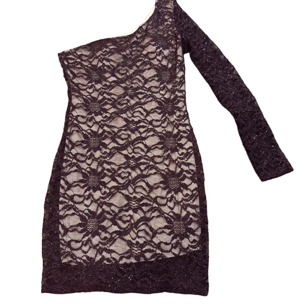 Emerald Sundae Black Lace One-Shoulder Dress - Picture 1 of 7
